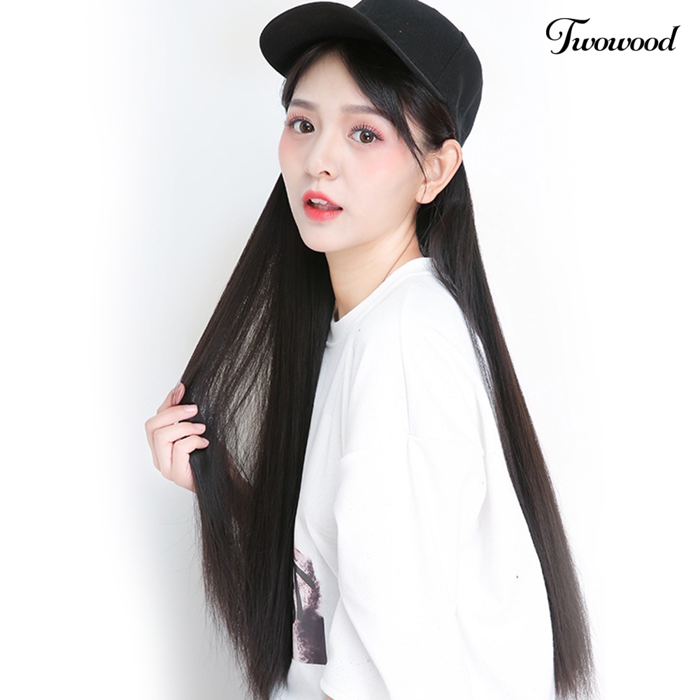 Twowood Wanita Kreatif 2in1 Sopak Rambut Palsu Lurus Panjang Keriting Dengan Topi Baseball