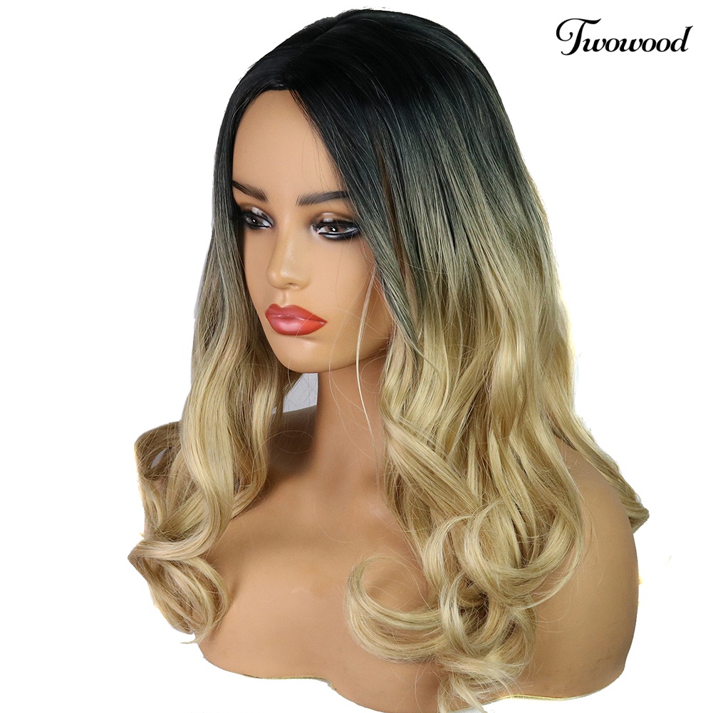 Twowood Perempuan Serat Suhu Tinggi Rambut Keriting Panjang Blonde Gradient Wig Sopak