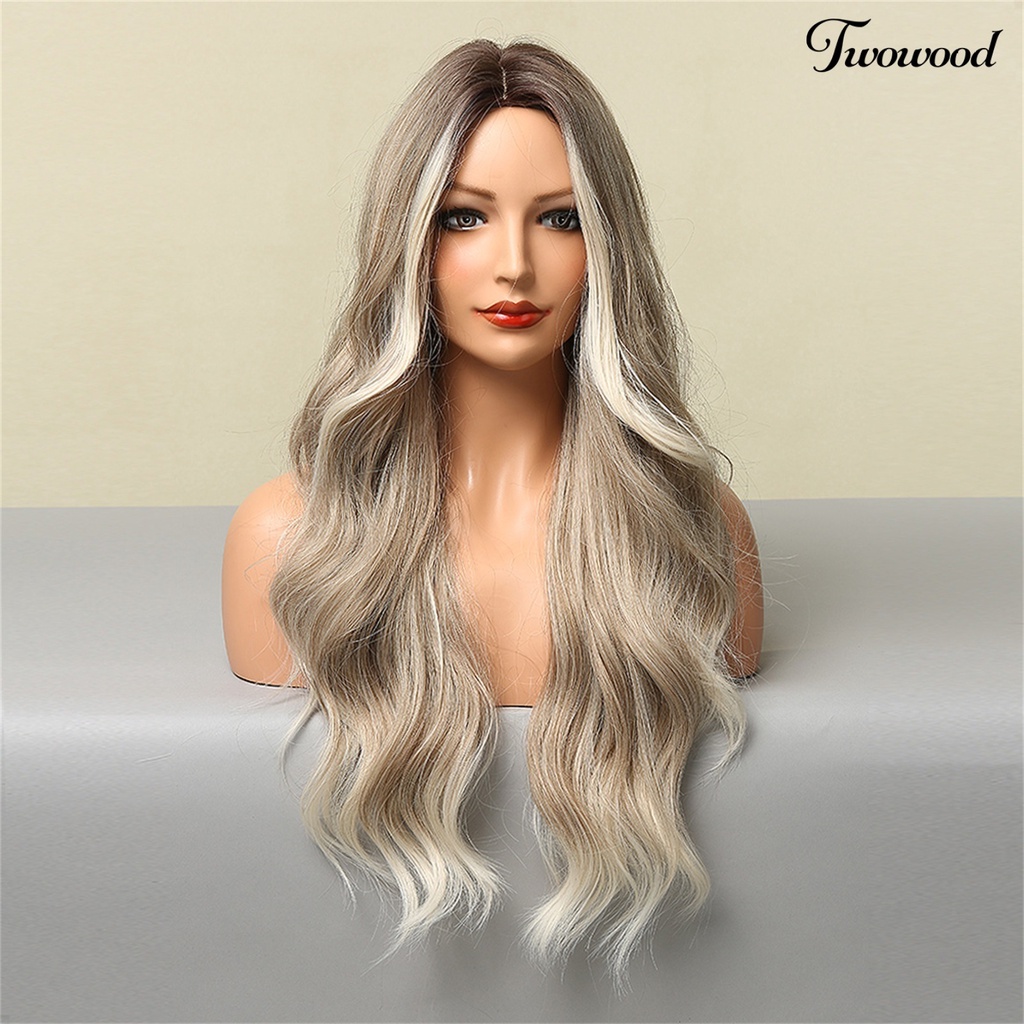 Twowood Wig Keriting Panjang Universal Halus Ringan Medium Split Long Smoky Grey Gradient Blonde Wig Untuk Rumah