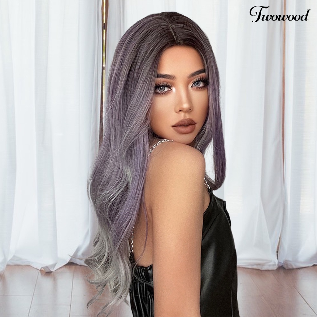 Twowood Gradient Wig Digunakan Kembali Fashion Berbulu Menarik Universal Lady Alat Kecantikan Ringan Medium Brown Gradient Ungu Abu Wig Keriting Panjang Untuk Rumah