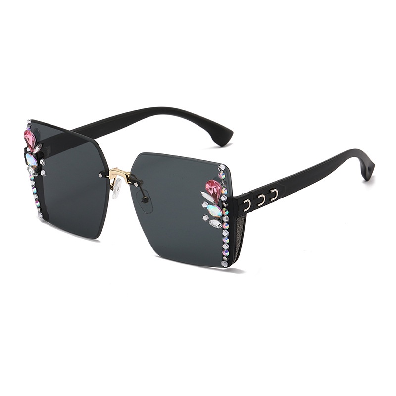 (YUZHU) Trendy Fashion Rimless Trimmed Sunglasses Square Diamond Shimmering Sunshade Untuk Wanita