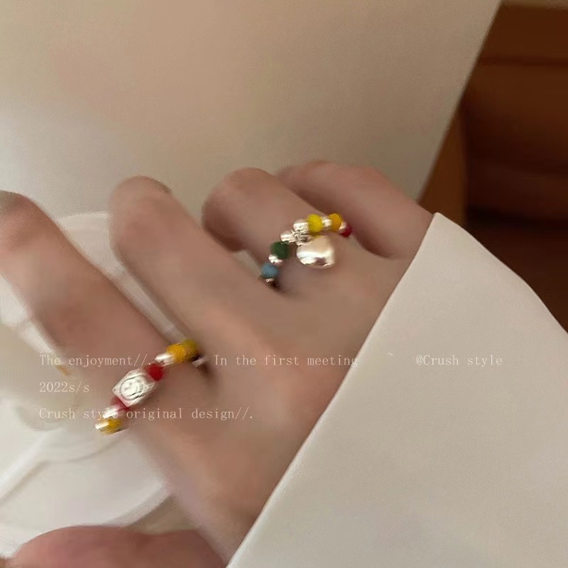 Ifyou Cincin Rantai Manik-Manik Warna-Warni Wajah Tersenyum Hati Cincin Perak Untuk Aksesoris Perhiasan Wanita