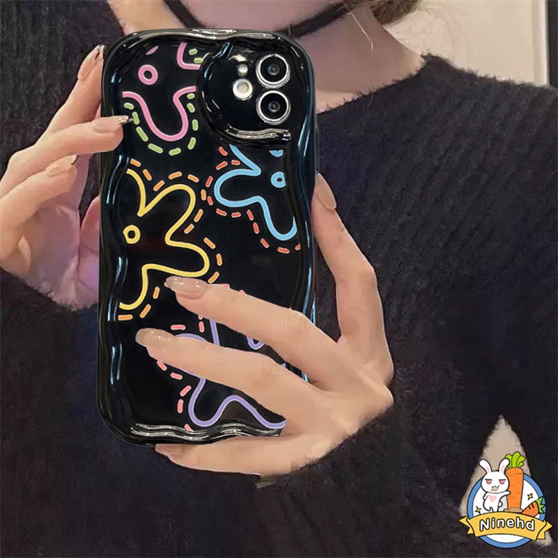 IPHONE Casing Kompatibel Untuk Iphone14 13 12 11 Pro Max X Xr Xs Max8 7 6 6s Plus Se2020Hitam Art Flower Floral Phone Case Wavy Curved Edge Soft Tpu Shockproof Airbag Glossy Back Cover