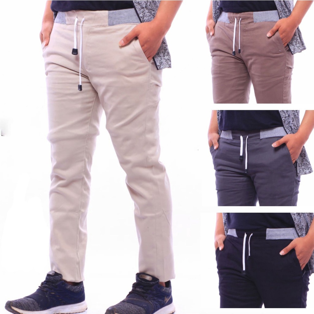 Celana Chino Panjang Pria Pinggang Karet Rib Bahan Katun Combed Stretch Melar - Resinda Fashion