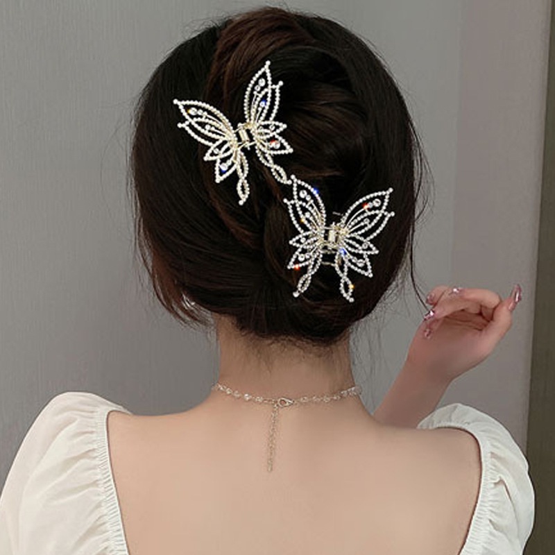 1pc Medium Hair Claw Clip Non Slip Penjepit Rambut Gaya Kupu-Kupu Gaya Berlian Imitasi Mutiara Dekorasi Jepit Tipis Tebal Rambut