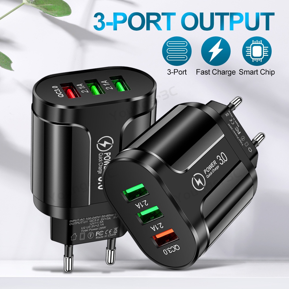 28w 3USB Fast Charging Phone Charger 3A QC3.0 Flash Travel Charging Adoptor Multi Antarmuka USB Charging Adapter Untuk Tipe C Micro