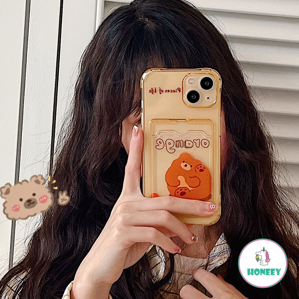 Casing Beruang Dompet Kartu Retro Kompatibel Untuk iPhone 14 Pro Max13 11 12 Pro Max XR X XS Max 7 8plus Orange Bening Shockproof Back Cover