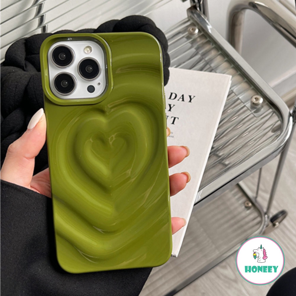 IPHONE Ins Hijau Retro Lipatan Cinta Hati Lembut Slicone Phone Case Untuk Iphone12 11 13 14 Pro Max Mewah Shockproof Back Cover Bumper