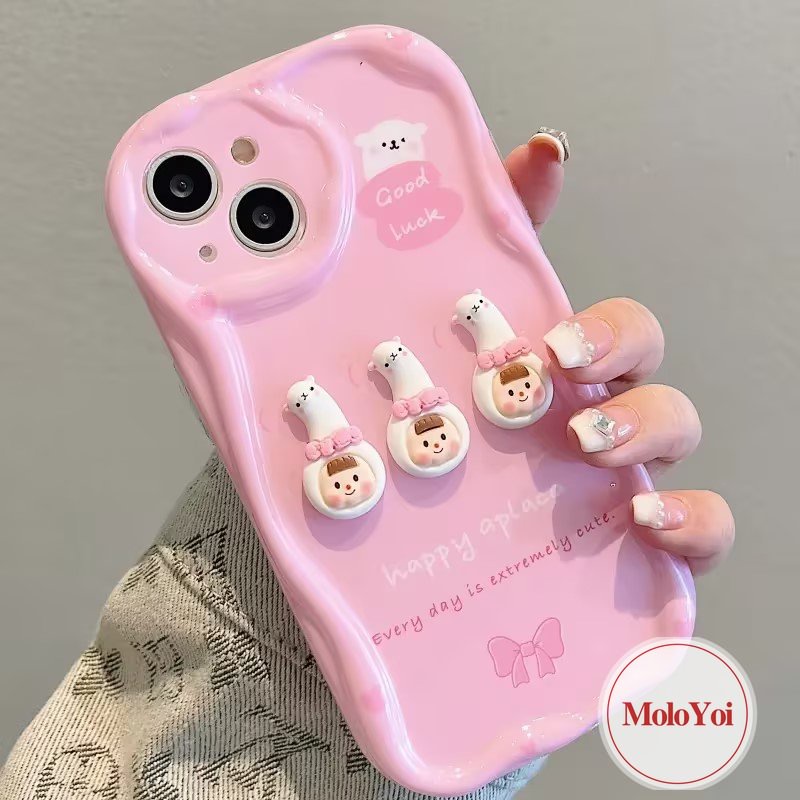 IPHONE Casing 3D Wavy Curved Edge Glossy Kompatibel Untuk Iphone11 12 14 13 Pro Max 7Plus XR XS X Max6 6s 7 8 Plus Se2020 Boneka 3D Pink Kartun Lucu Alpaka Cewek Soft Cover