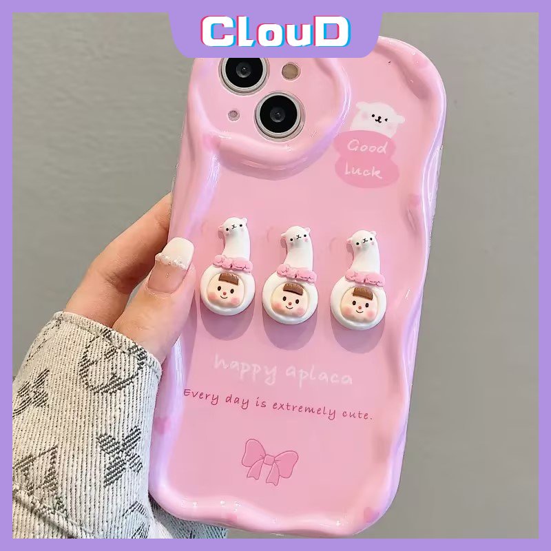 IPHONE Pink 3D Wavy Curved Edge Soft Tpu Case Kompatibel Untuk Iphone11 13 12 14 Pro Max XR X XS Max6 7 8 6s Plus SE 2020 7Plus Kartun 3D Mainan Imut Lucu Alpaka Cewek Cover