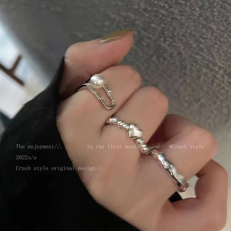 3pcs /Set Set Cincin Perak Untuk Wanita Mutiara Hati Twist Open Ring Simple Aksesoris Perhiasan