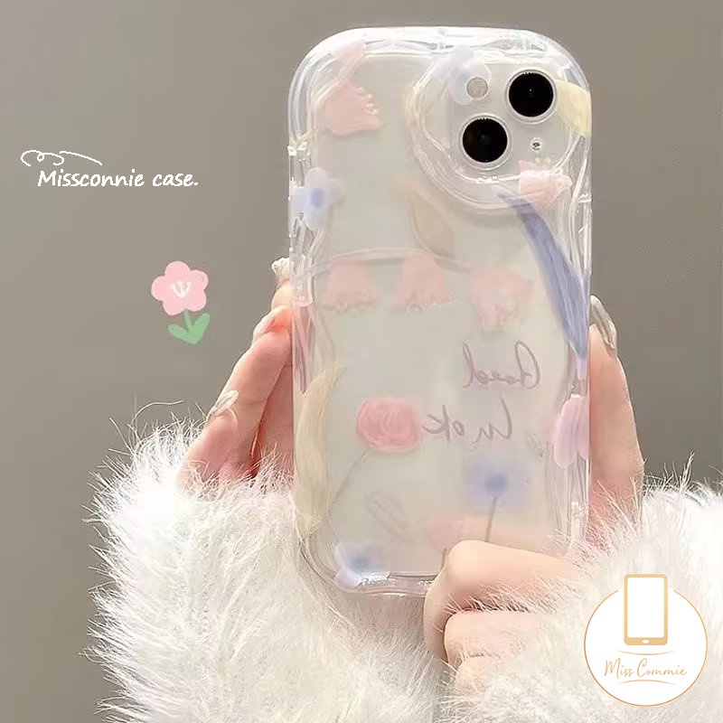 IPHONE Ins Segar Casing Ponsel Bunga Kompatibel Untuk Iphone11 14 13 12 Pro Max XR 7Plus 8Plus 78 6 6s Plus XS Max X SE 2020bunga Transparan 3D Wavy Curved Edge Soft Tpu Cover