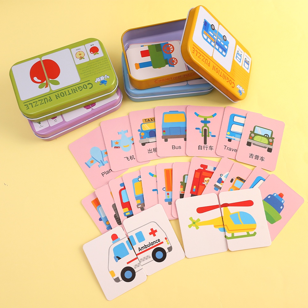 Puzzle Edukasi Dini Bayi Montessori/Mainan Puzzle Kognitif Anak/Set Vehicl Kehidupan Hewan Buah Sepasang Kartu Anak/Permainan Meja Kata Inggris Buku Belajar Puzzle