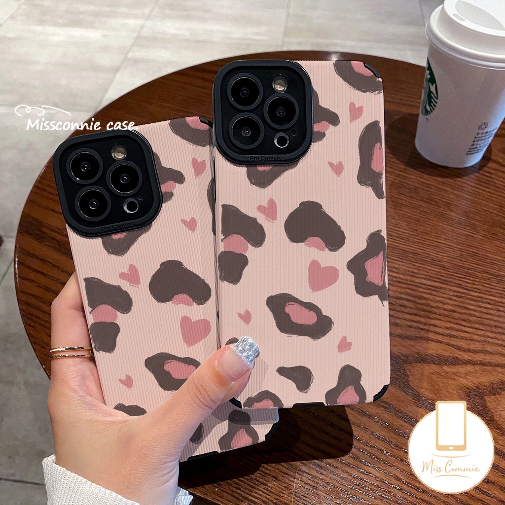 Ins Cinta Hati Shockproof Case Kompatibel Untuk IPhone XR 11 13 12 14 Pro 7Plus Max7 8 Plus X XS MAX Merek Trendi Leopard Jahitan Kontras Penutup Tekstur Kulit