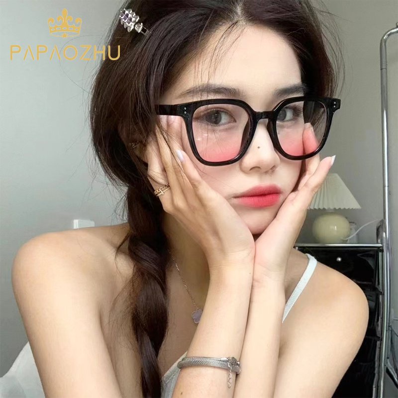 Papaozhu Korea Bingkai Hitam Pink Shade Lens Blush Sunglasses Untuk Wanita Perempuan Kacamata Kecantikan Trendy Eyewear Daily