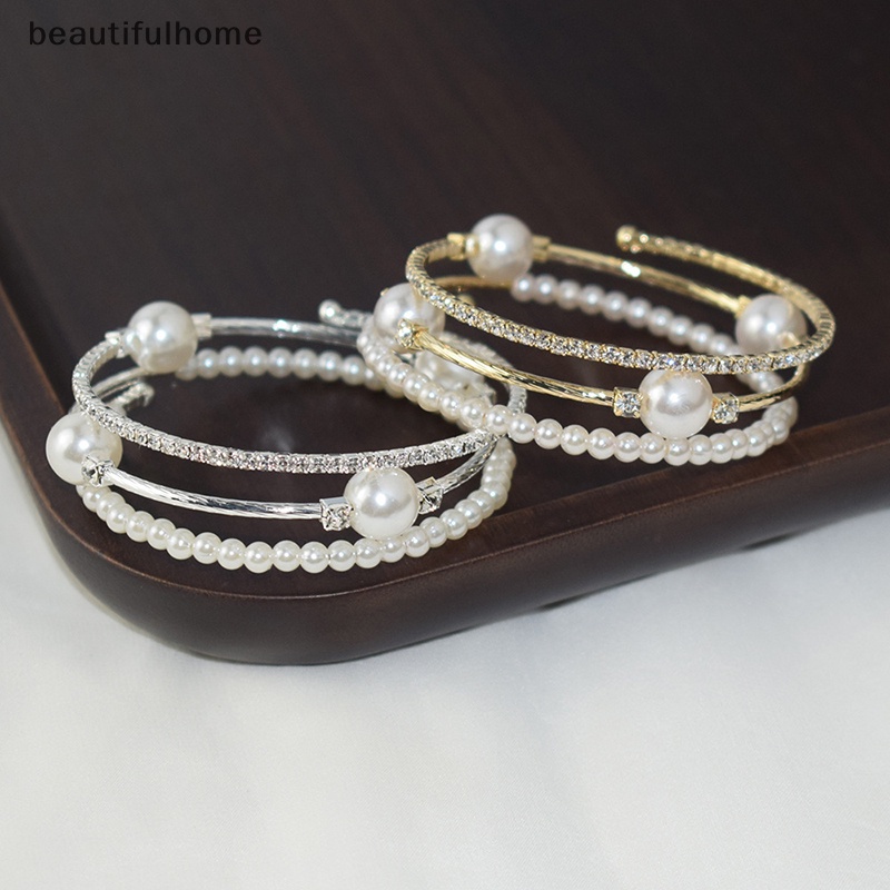 {beautifulhome} Kristal Mutiara Gelang Wanita Berlian Imitasi Multi-layer Adjustable Bangles Manset Berlapis Emas Perak Pesona Gelang Perhiasan Hadiah.