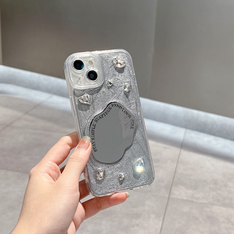 Silver Grey Pigment Diamond Mirror Soft TPU Case HP iP iPhone 14 13 12 11 Pro X XS XR Max 7 8 + Plus SE 2020 2022 Drop Glue FTD Casing Apple