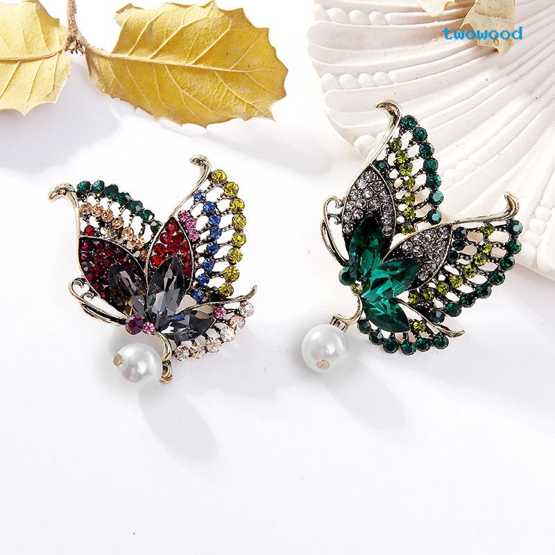 Twowood Butterfly Pearl Brooch Berlian Imitasi Bros Sweater Mutiara Korsase Logam Butterfly Brooch