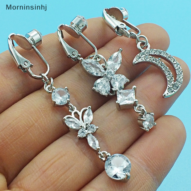 Mornin Cincin Pusar Palsu Zirkon Belly Button Clip On Wanita Ada Perhiasan Kupu-Kupu Daun Bulan Liontin Pusar Cincin Dekorasi Tubuh id