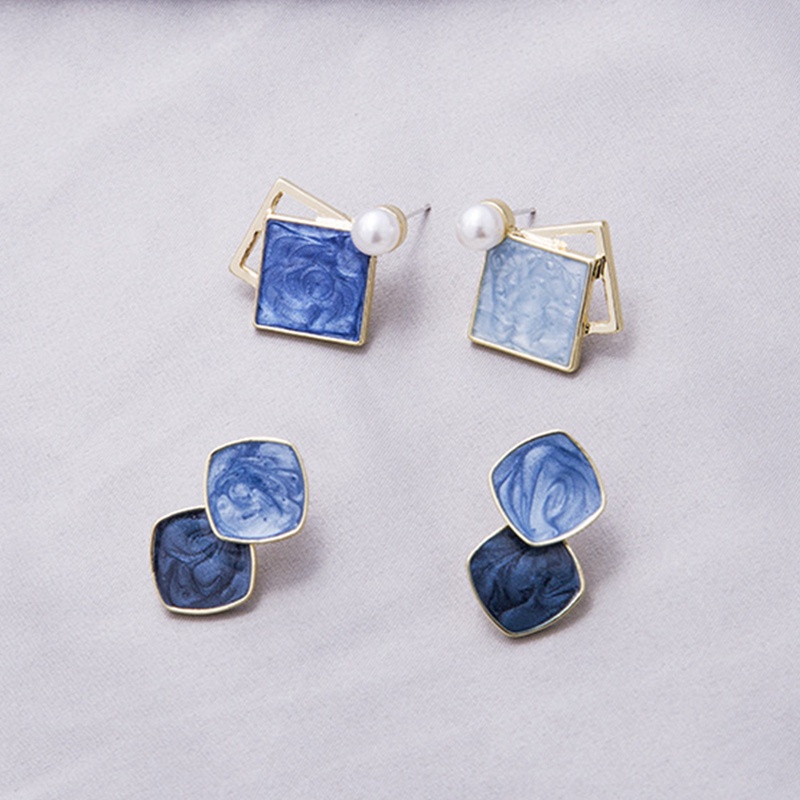 Anting Klip On Geometris Biru Korea Untuk Wanita Statement Round Square Earrings Fashion Brincos Ear Clips Jewelry