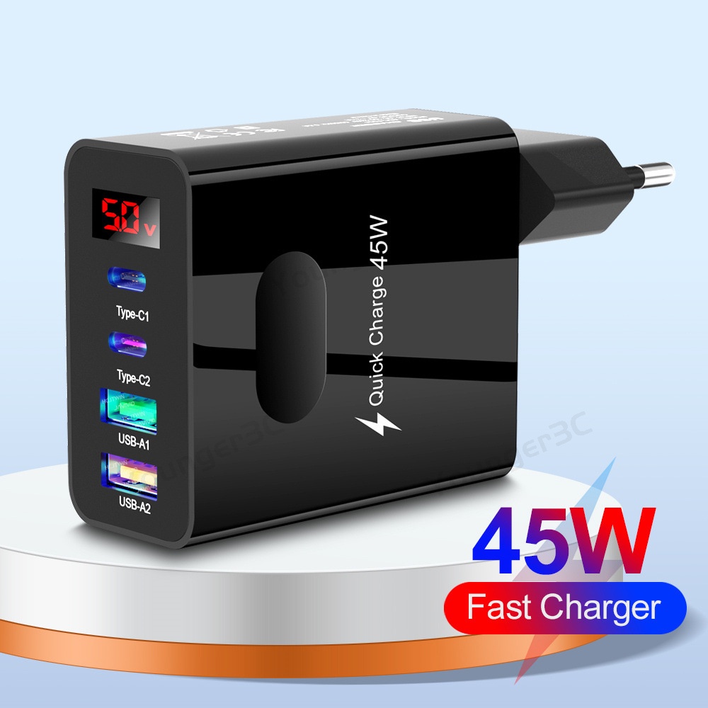 45w Charger Tampilan Digital Cerdas 3.1A 2USB+2PD Pengisian Cepat Travel Charging Adoptor Multi Antarmuka USB Charging Adapter