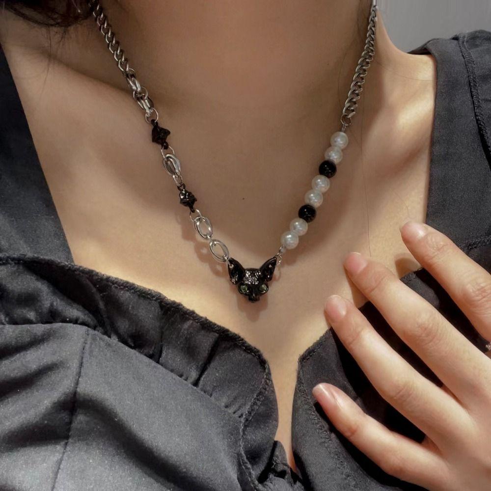 Mxbeauty Hitam Kucing Gelang Kalung Kepribadian Manis Mutiara Manik-Manik Y2K Sweater Rantai Street Wear Gaya Korea Perhiasan Aksesoris Untuk Wanita