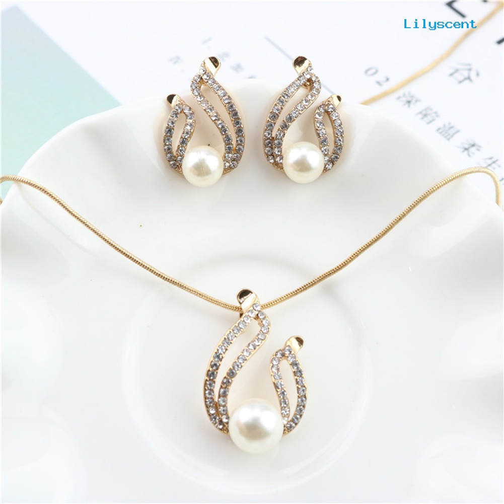 [LS]Faux Mutiara Tetesan Air Pesona Liontin Anting Kalung Sosialita Lady Set Perhiasan