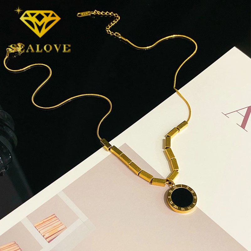 Kalung Titanium Anti Karat Romawi Bulat Hitam Korea Aesthetic Cantik Emas 18K  Aksesoris Wanita Perhiasan