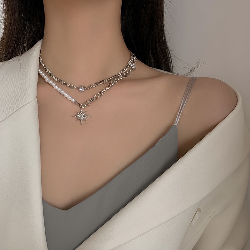 Niche Desain Kalung Mutiara Jahitan Rantai Zirkon Rantai Klavikula Temperamen Perempuan Gaya Milenium Kalung Influencer Bintang