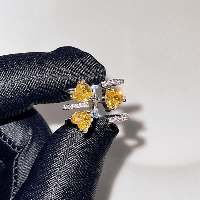 Cincin Mewah Berbentuk Hati Untuk Gadis Lucu Cinta Tiga Berlian Kuning Ungu Tiga Cinta Hati Terbuka Adjustable Ring