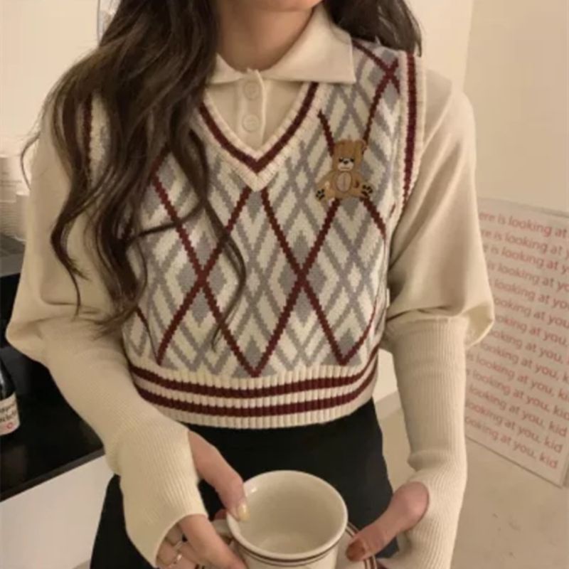 IMPORT WOMAN TEEN TEDDY BEAR CROPTOP KNIT VEST ROMPI WANITA RAJUT IMPOR MUSIM DINGIN KOREAN STYLE