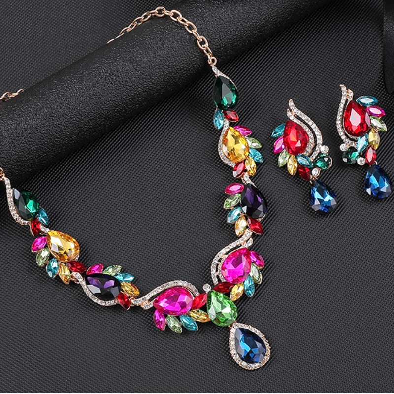 Fashion Pengantin Multicolor Berlian Imitasi Kalung Set Wanita Perjamuan Gaun Aksesoris