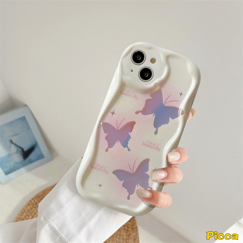 IPHONE Ins Korean Fantasy Butterfly Bow Smiley Flowers Case Kompatibel Untuk Iphone11 Pro Max XR 7Plus 6s 8 6 7 Plus 14 13 12 Pro Max X XS Max SE 2020 3D Wavy Curved Edge Glossy Cover