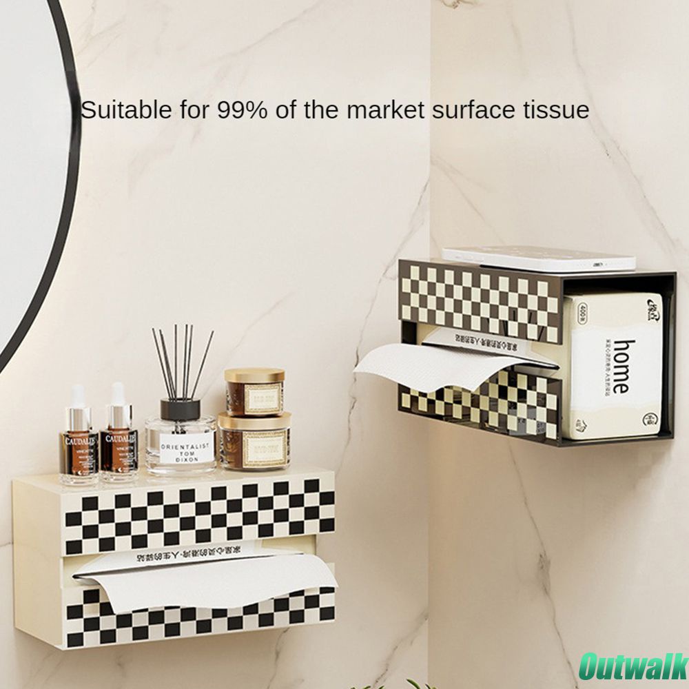 ღ Wall-mounted Face Tissue Paper Holder Chessboard Grid Tissue Storage Box Punch-free Towel Napkin Storage Box Kamar Mandi Kertas Organizer