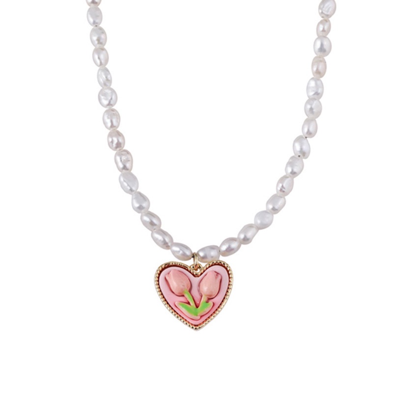 Tulip Cinta Hati Liontin Kalung Mutiara Gadis Manis Peach Hati Rantai Klavikula Cahaya Mewah Semua Pertandingan Desain Perasaan