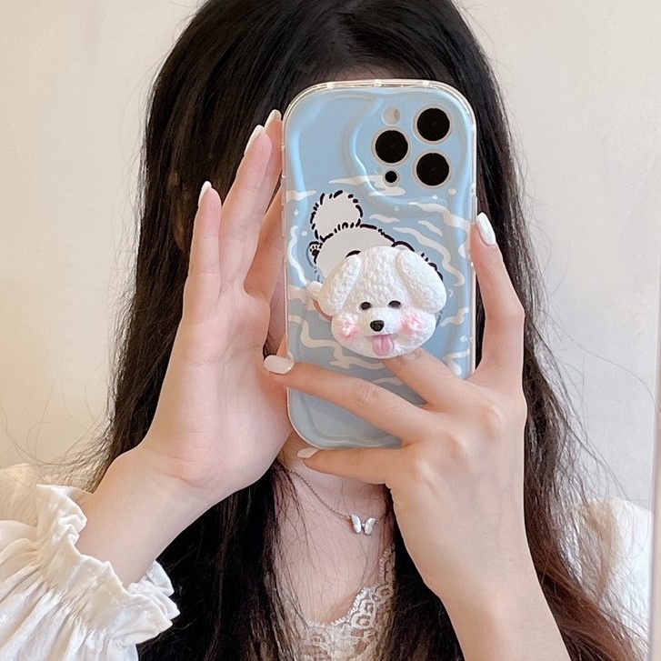 Cream Casing Swimming Dog Popsocket Soft Case HP iP iPhone 6 6S 7 8 14 + Plus SE 2020 2022 X XS XR 11 12 13 Pro Max Girl Woman