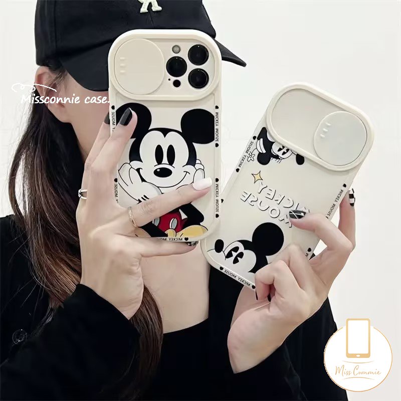 Cartoon Disney Push Pull Window Phone Case Compatible for iPhone 11 13 12 Pro Max XR 7Plus 8Plus X XS Max Cute Mickey Mouse Camera Lens Protector Soft Cover