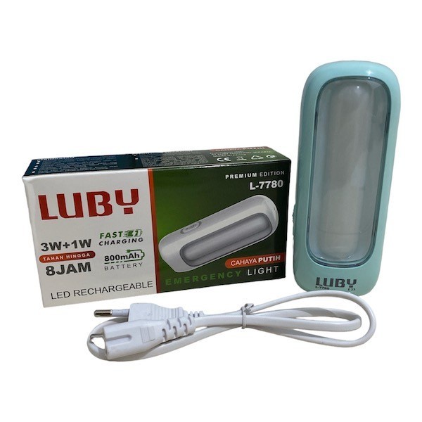 Lampu Emergengy Cas LUBY L 7780 Putih Baterai Rechargeable Ulang Lampu EMergency LED Camping 3 1 Watt Senter