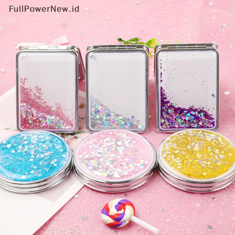 Power Cermin Saku Kosmetik Lipat Dua Sisi Portable Dengan Pasir Berkilau Mengalir ID