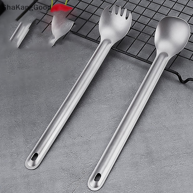 Skid Outdoor Titanium Peralatan Makan Titanium Murni Garpu Sendok Camping Gagang Panjang Dipanjangkan Portabel Kopi Pengaduk Logam Dessert Spoon SKK