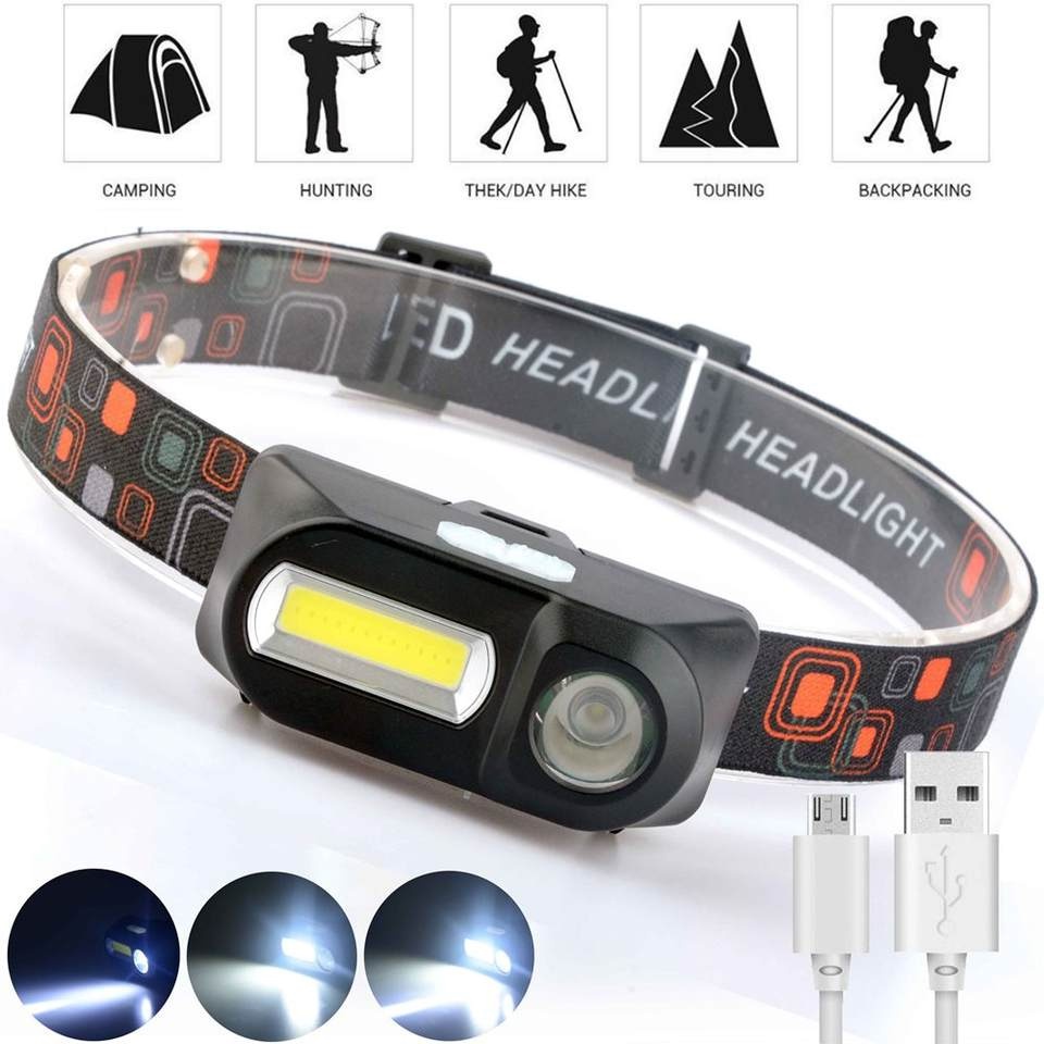 Senter KepalaLED Sistem Cas USB  Headlamp 3 MODE LED COB + XPE Camping Outdoor Super Terang Rechargeable