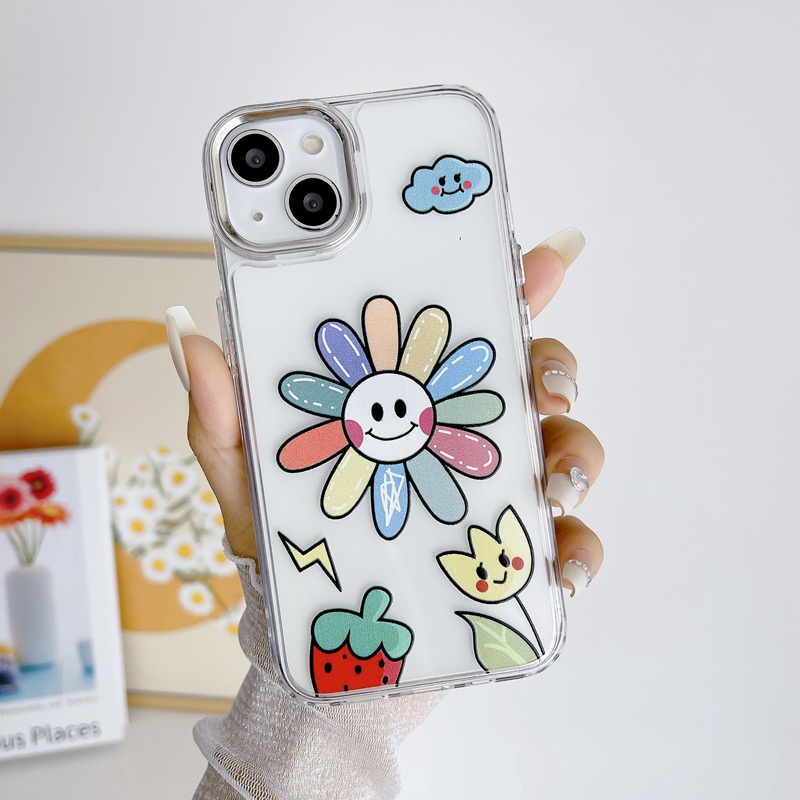 【Independent buttons】Clear Sunflower Silicone Soft Case IPhone 6S 7 8 Plus SE XR XS Max 11 12 13 14 Pro Max 14 Plus strawberry Cute for Girl Women