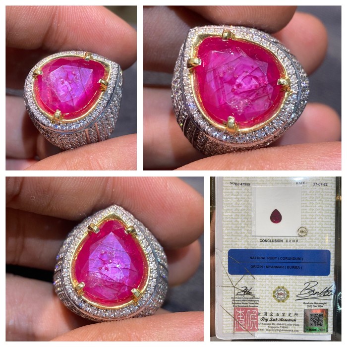 Natural 6.53ct Batu Ruby Burma Mogok Cincin Perak Handmade Mewah