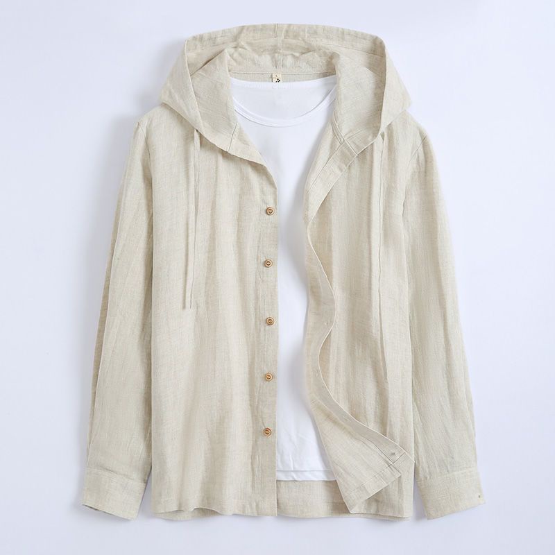 Spring and Summer Solid Linen Shirt Men's Loose and Thin Hooded Cotton Linen White Top Sunscreen Shi