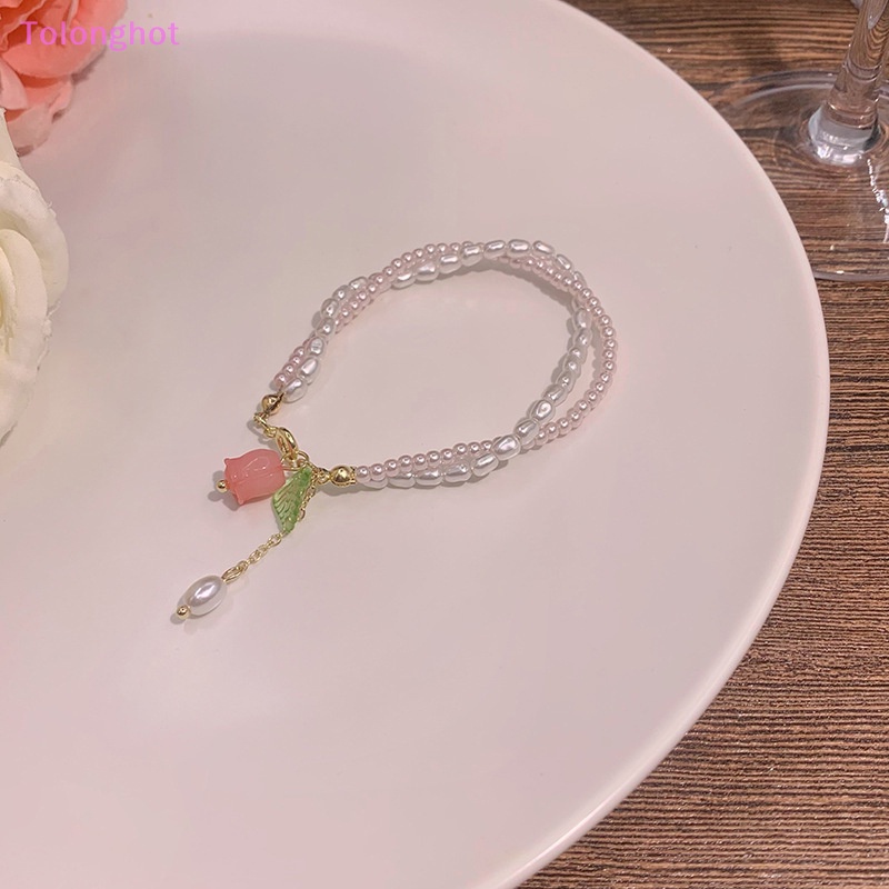 Tolonghot&gt; Korea Cahaya Gelang Bunga Tulip Untuk Wanita Zirkon Mengkilap Opal Mutiara Manik-Manik Mawar Adjustable Pesona Gelang Perhiasan Trendi well