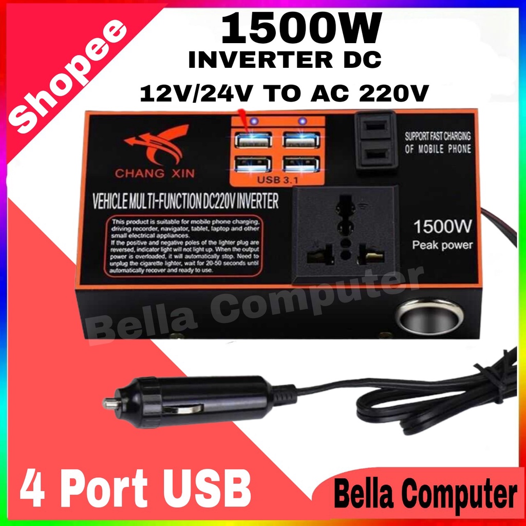 Power Inverter Daya Gelombang Sinus Murni 1500W Adaptor 12V/24V Ke DC 110V/220V 4 Port USB Lubang Pe