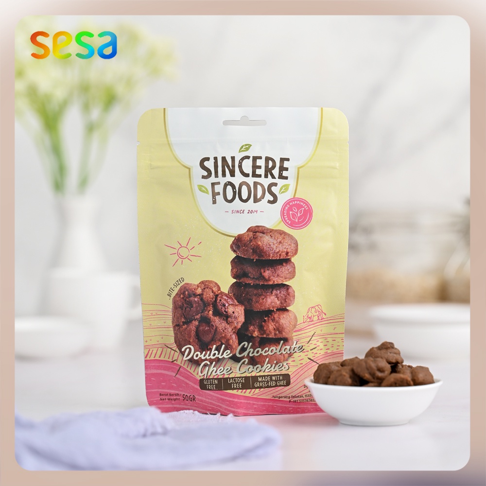 

SINCERE FOODS Double Chocolate Ghee Cookies 50gr - Cemilan Snack Sehat