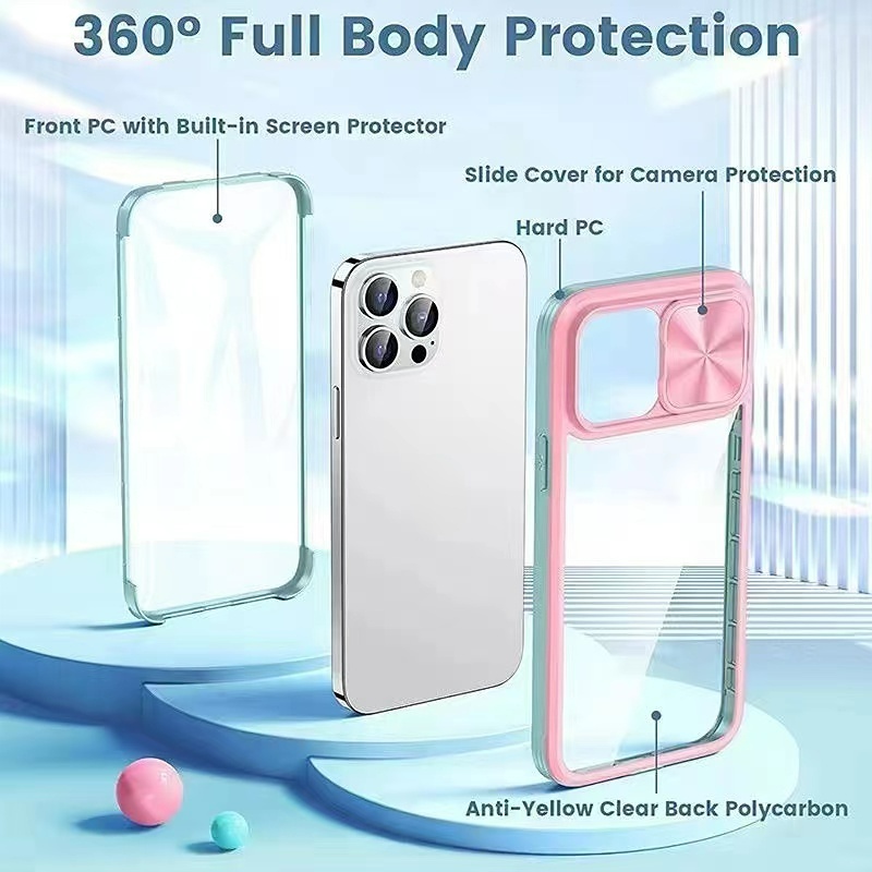 IPHONE Case Pelindung Definisi Tinggi Cocok Untuk Iphone14 13 Pro Max 14plus Cakupan Penuh, case Lensa Jendela Geser Warna Campur Dua Sisi PC+TPU Cover