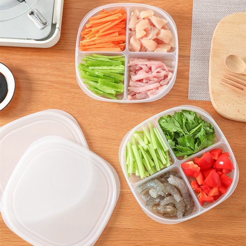 Tahan Lama 4kisi Kotak Penyimpanan Buah Makanan Bulat Dengan Tutup Portable Kompartemen Kulkas Freezer Organizer Daging Bawang Jahe Transparan Crisper Perlengkapan Dapur
