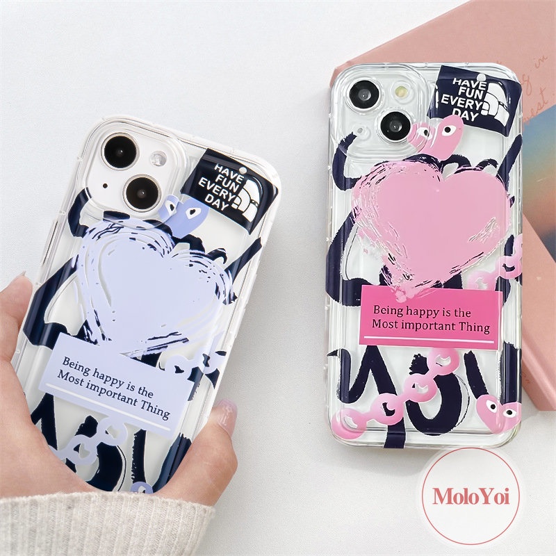 IPHONE Casing Ponsel Cinta Hati Graffiti Kartun Kompatibel Untuk Iphone11 13 14 12 Pro MAX XR 7Plus X XS MAX 6 7 8 6S Plus SE 2020 Airbag Shockproof Soft TPU Cover